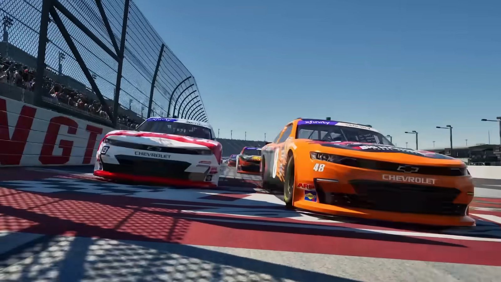 NASCAR 25 restart formation lap with pack racing on oval