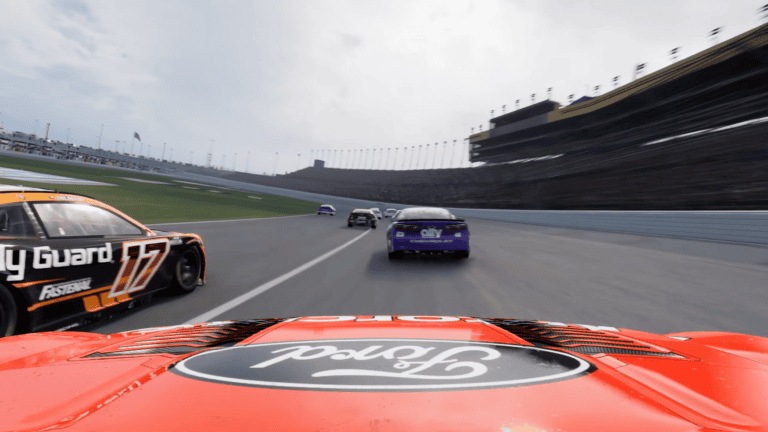 NASCAR 26 gameplay showing Cup Series cars drafting on a large superspeedway from a chase camera behind a red Ford, with the black and orange number 17 Body Guard Ford running alongside