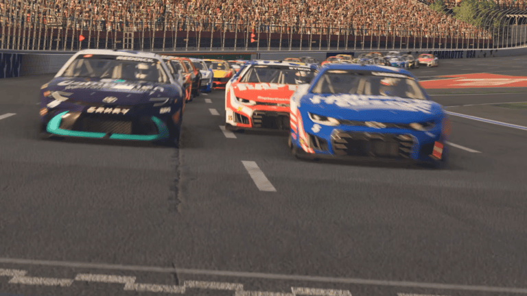 NASCAR 26 gameplay showing a packed Cup Series race start at Charlotte Motor Speedway with multiple cars including a dark blue Toyota Camry and bright blue Chevrolet