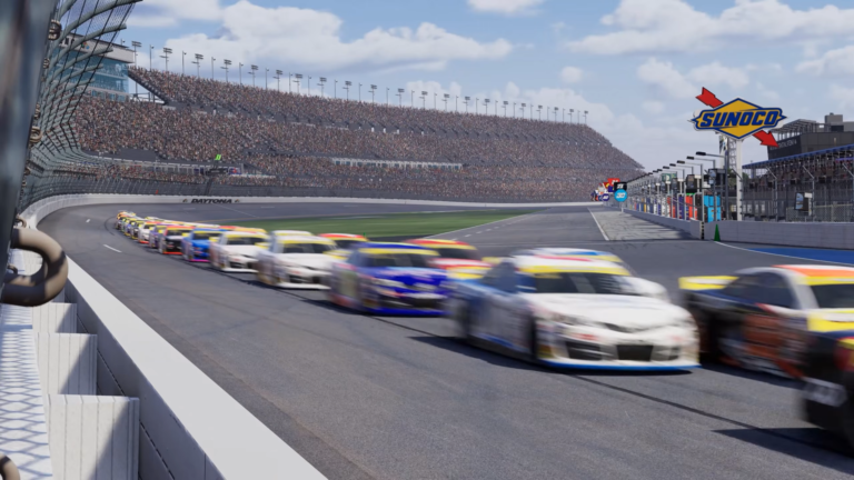 NASCAR 26 gameplay showing a massive drafting pack of Cup Series cars at Daytona International Speedway with the iconic Sunoco fuel sign visible