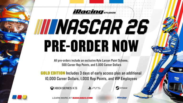 NASCAR 26 pre-order announcement graphic showing Kyle Larson and a HendrickCars.com car, with pre-order bonuses listed including exclusive paint scheme, 500 Career Rep Points, and 5000 Career Dollars. Gold Edition benefits also listed.