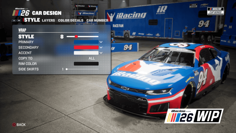 NASCAR 26 paint booth interface showing the layered livery editor with color panels and a full car preview