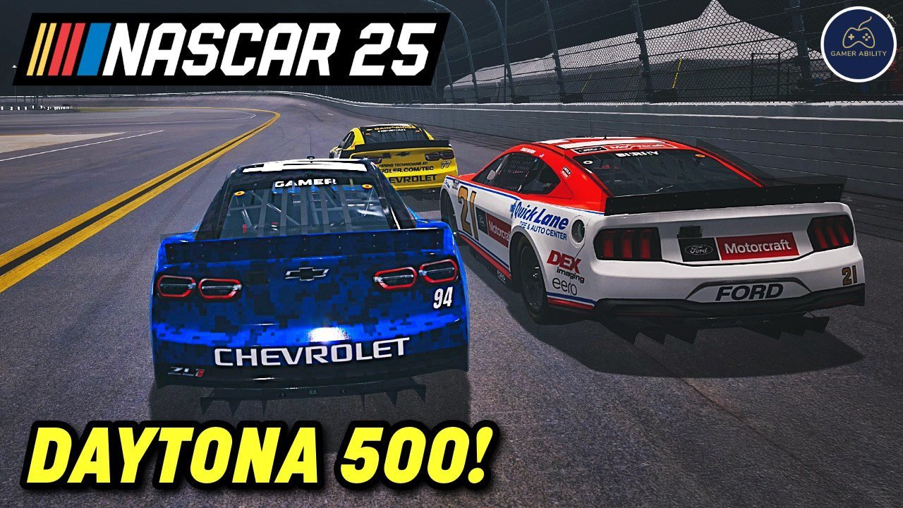 Cars drafting nose-to-tail down the Daytona frontstretch in NASCAR 25