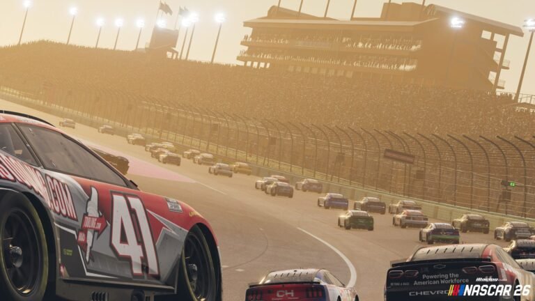 NASCAR 26 graphics screenshot at Homestead-Miami Speedway with the NASCAR 26 logo overlaid on the race view