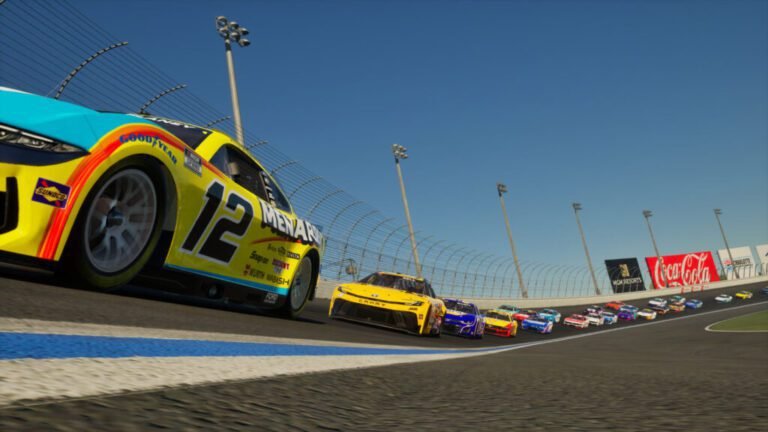 NASCAR 25 in-game screenshot showing corner entry and speed technique on an oval