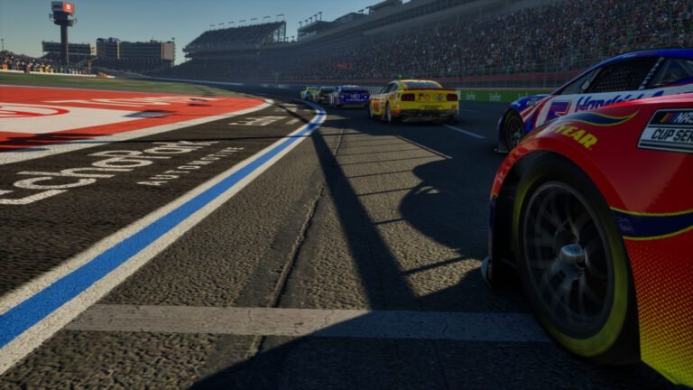 NASCAR 25 in-game cockpit showing car balance and handling changes mid-run