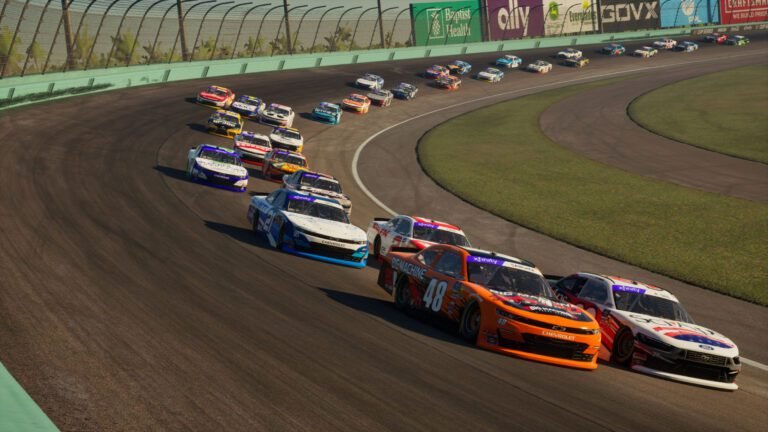 NASCAR 25 two cars racing side by side setting up a pass on oval