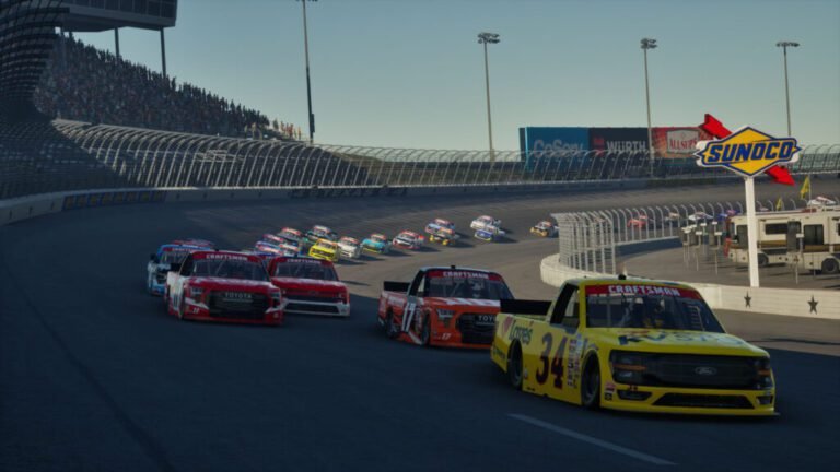 NASCAR 25 car holding and defending position on oval track