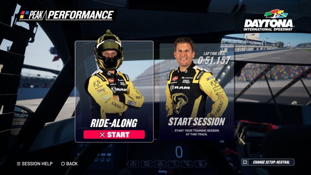 NASCAR 26 Peak Performance licensing session at Daytona, a mode improved in the September 16 patch notes for NASCAR 26