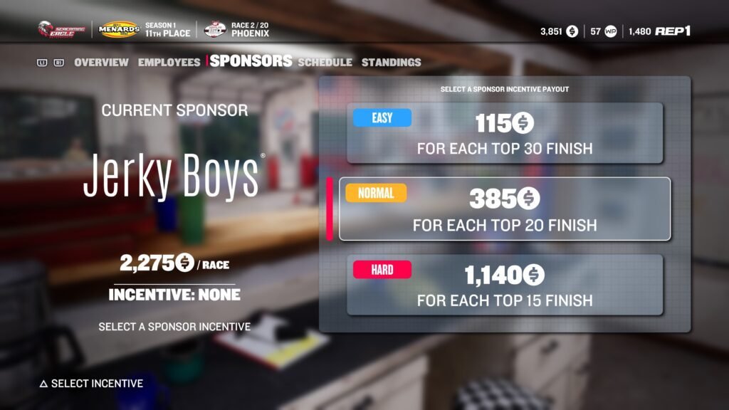 NASCAR 26 Race Shop Staff section showing Crew Chief, Agent, Mechanics, and PR Manager hire slots
